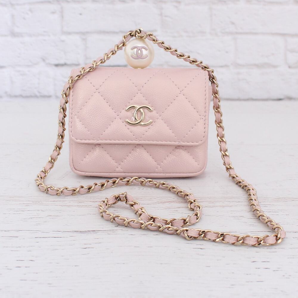 Chanel Mini Chain Pouch Quilted Pink Caviar Leather Shoulder Clutch